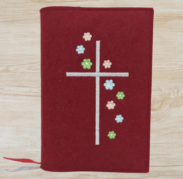 Gotteslobhülle in Kirsch meliert, Kreuz, Blümchen